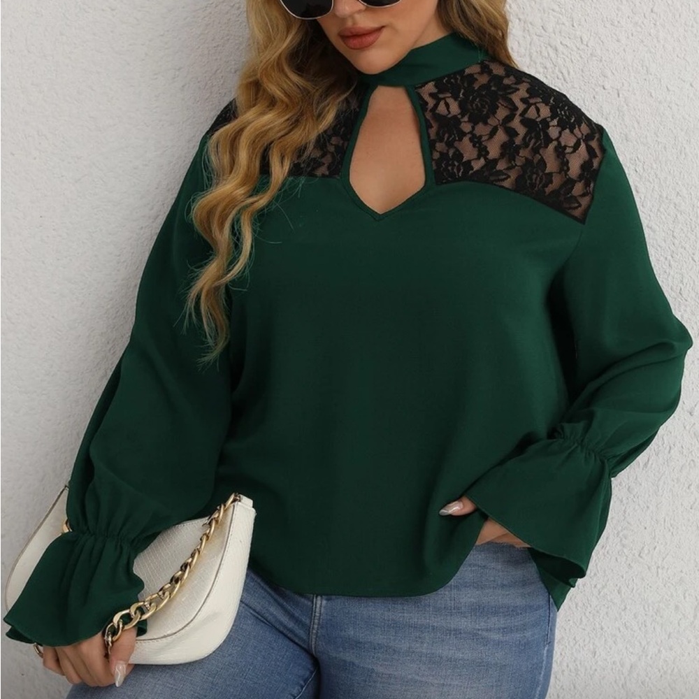 SHEIN Green Blouse with Black Lace Detail